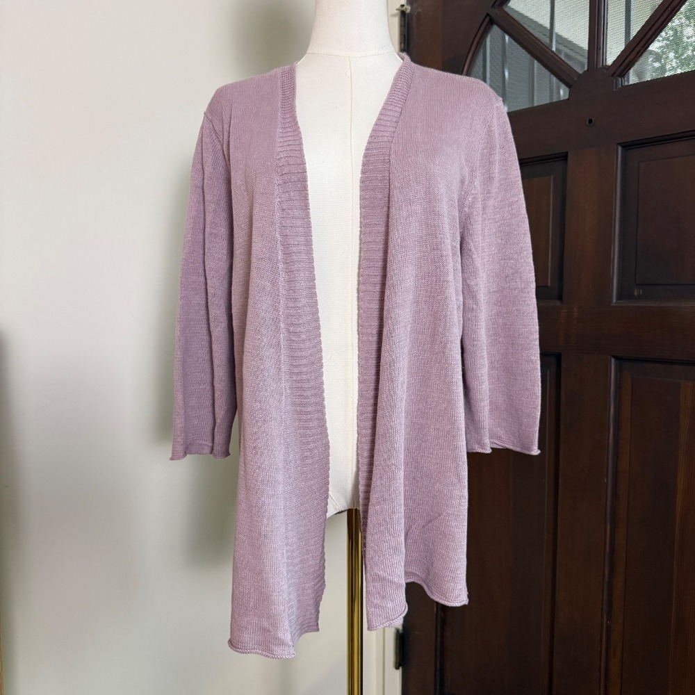 Eileen Fisher Linen Cardigan Open Front‎ Beach Half Sleeve | Lilac | Size XL
